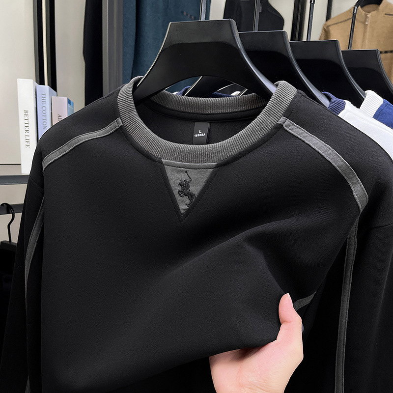 Jesenski pamučni sweatshirt, 360 g, dvostruki sloj, muški okrugli izrez, šivana konjska motiv, pulover top