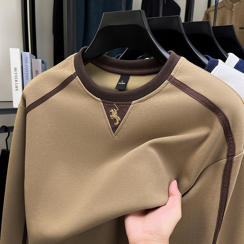 Jesenski pamučni sweatshirt, 360 g, dvostruki sloj, muški okrugli izrez, šivana konjska motiv, pulover top