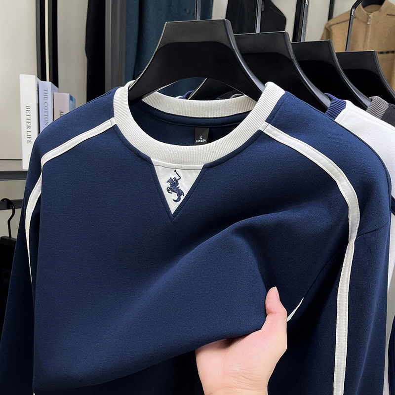 Jesenski pamučni sweatshirt, 360 g, dvostruki sloj, muški okrugli izrez, šivana konjska motiv, pulover top