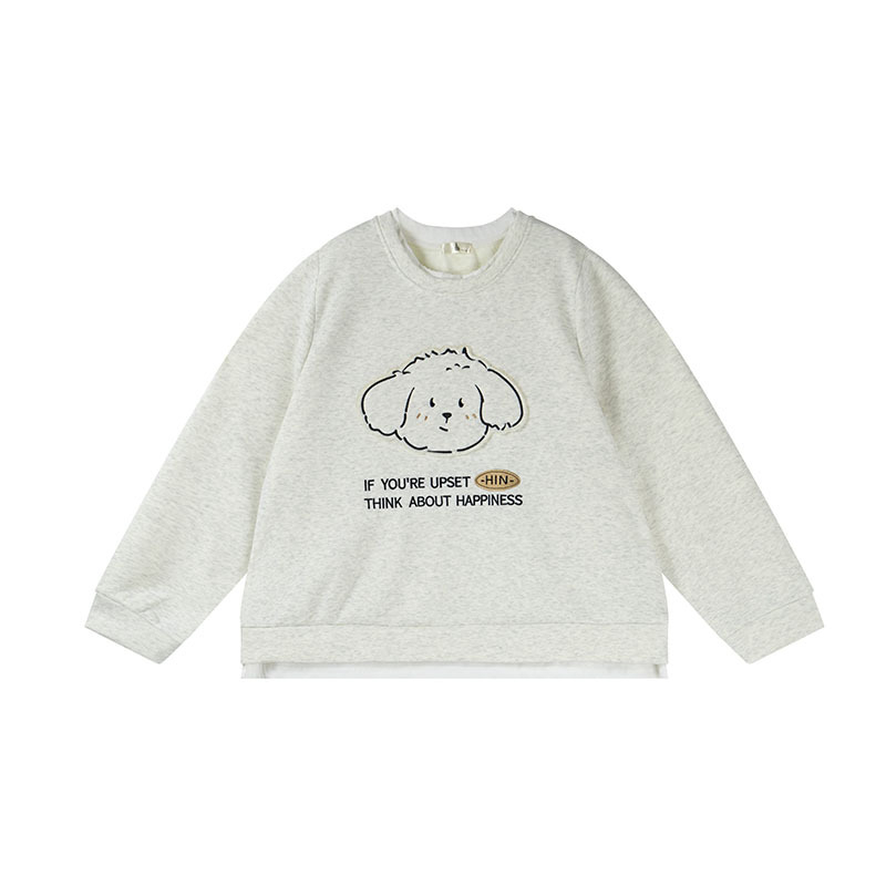 Moteriška kapučinė velur megztinė su išsiuvinėtu karikatūriniu šuniuku, apvali kaklo linija, stora mezgimo medžiaga, medvilnės-poliesterio mišinys, įprastas kirpimas