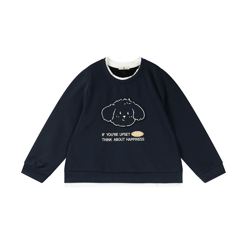 Moteriška kapučinė velur megztinė su išsiuvinėtu karikatūriniu šuniuku, apvali kaklo linija, stora mezgimo medžiaga, medvilnės-poliesterio mišinys, įprastas kirpimas