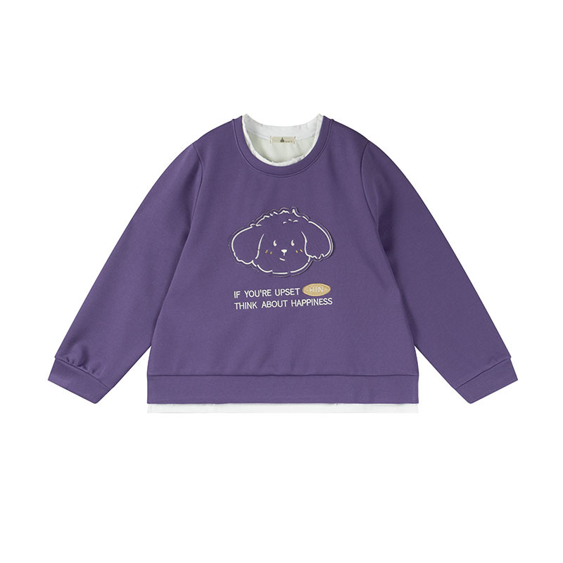 Moteriška kapučinė velur megztinė su išsiuvinėtu karikatūriniu šuniuku, apvali kaklo linija, stora mezgimo medžiaga, medvilnės-poliesterio mišinys, įprastas kirpimas