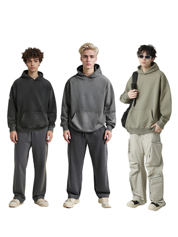 Isprana hoodie s kapuljom i oštećenim izgledom, 350 g pamuk smjesa, široki kroj, muški
