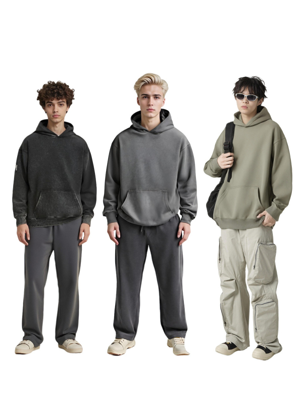 Isprana hoodie s kapuljom i oštećenim izgledom, 350 g pamuk smjesa, široki kroj, muški