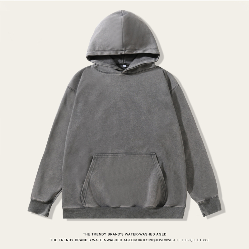 Isprana hoodie s kapuljom i oštećenim izgledom, 350 g pamuk smjesa, široki kroj, muški