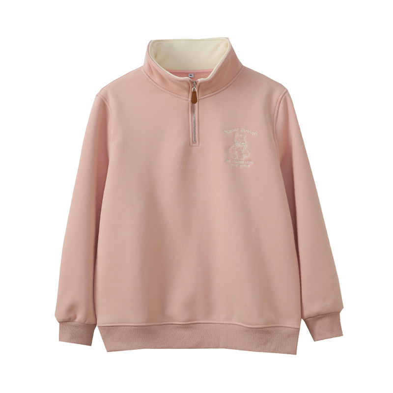 Moteriškas megztinis su gobtuvu ir pusės užtrauktuko, flisinė įdėja (medvilnė-poliesteris, siuvinėjimas, stovimas kaklas, ilgos rankovės, vidutinio ilgio) Ruduo 2025