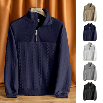 Hanorac tricotat cu guler înalt și fermoar, croială lejeră, jacquard 300 g, 95% poliester, 5% elastan, mâneci lungi, detaliu jacquard, primăvară-toamnă