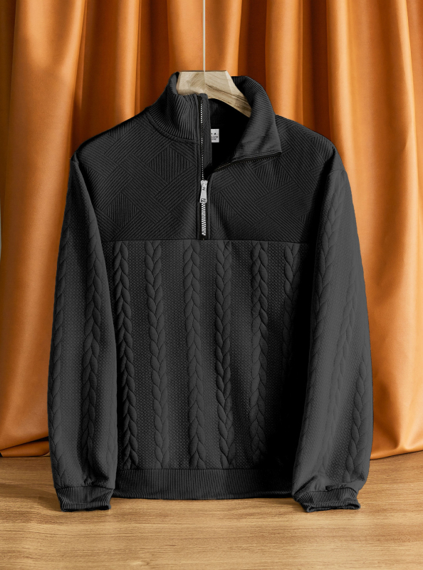 Hanorac tricotat cu guler înalt și fermoar, croială lejeră, jacquard 300 g, 95% poliester, 5% elastan, mâneci lungi, detaliu jacquard, primăvară-toamnă