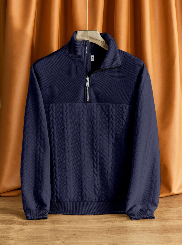 Hanorac tricotat cu guler înalt și fermoar, croială lejeră, jacquard 300 g, 95% poliester, 5% elastan, mâneci lungi, detaliu jacquard, primăvară-toamnă