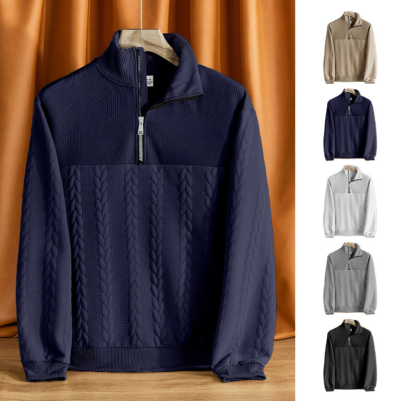 Hanorac tricotat cu guler înalt și fermoar, croială lejeră, jacquard 300 g, 95% poliester, 5% elastan, mâneci lungi, detaliu jacquard, primăvară-toamnă