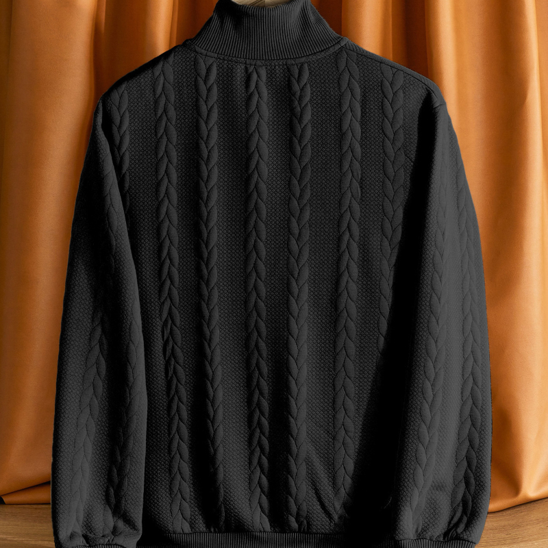 Hanorac tricotat cu guler înalt și fermoar, croială lejeră, jacquard 300 g, 95% poliester, 5% elastan, mâneci lungi, detaliu jacquard, primăvară-toamnă