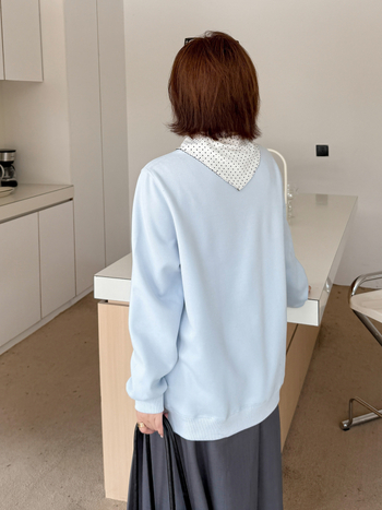 Didelių dydžių moterų koledžo stiliaus džemperis su šalikėliu - gobtuvas, apskritas kaklas, ilgom rankovėm, laisvas kirpimas, medvilnės–polieterio mišinys, siuvinėjimas, ruduo 2025