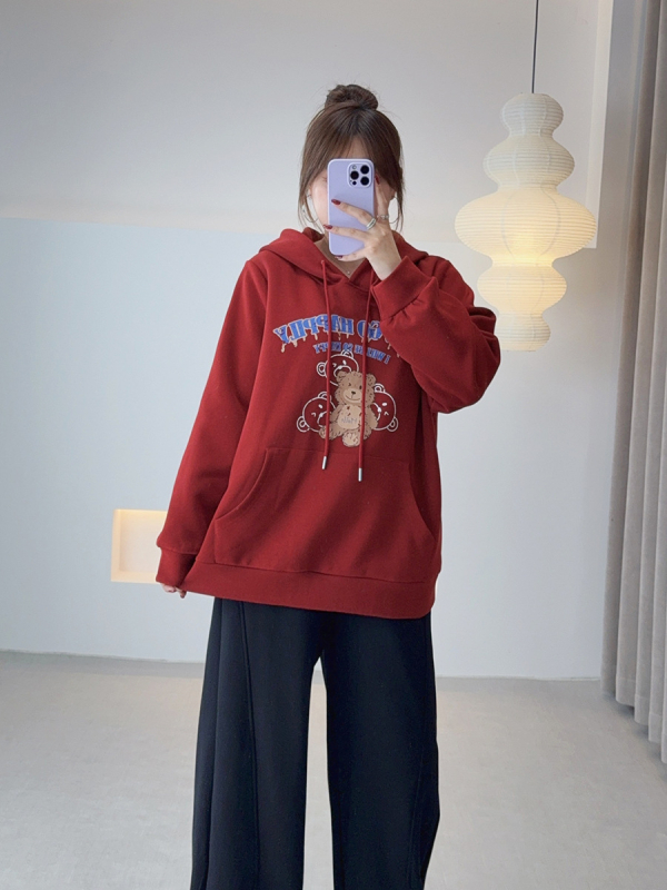 Love moterų džemperis su gobtuvu, anime atspaudas, laisvas kirpimas, vidutinio ilgio, megztas audinys medvilnė-poliesteris, ruduo 2025