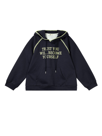 Love moteriškas megztinis su gobtuvu ir raidžių spauda, gobtuvas su raišteliais, megztas audinys, medvilnės-poliesterio mišinys, laisvas kirpimas