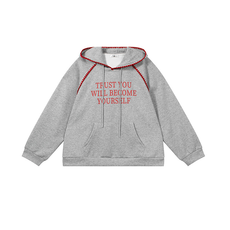 Love moteriškas megztinis su gobtuvu ir raidžių spauda, gobtuvas su raišteliais, megztas audinys, medvilnės-poliesterio mišinys, laisvas kirpimas