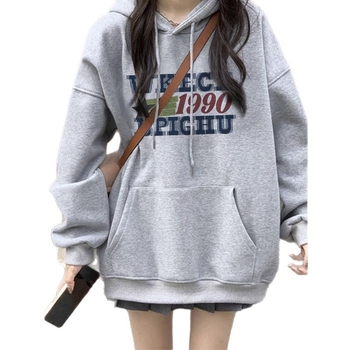 Hanorac damă cu glugă, model geometric, croială lejeră, lungime medie, poliester 95%+