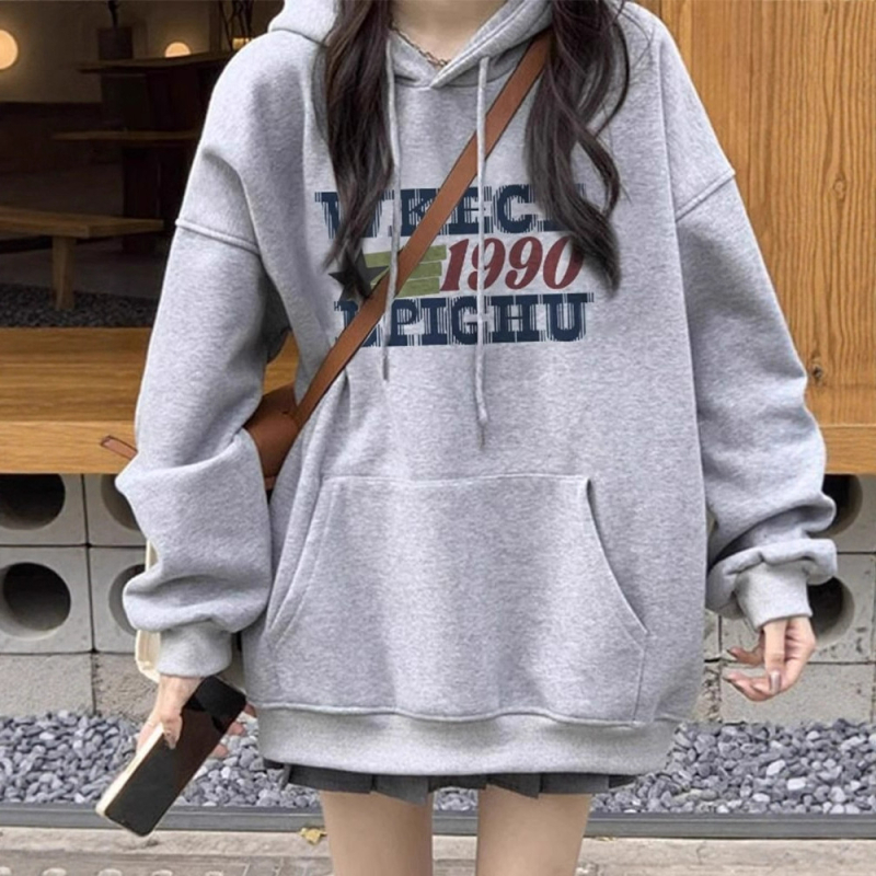 Hanorac damă cu glugă, model geometric, croială lejeră, lungime medie, poliester 95%+