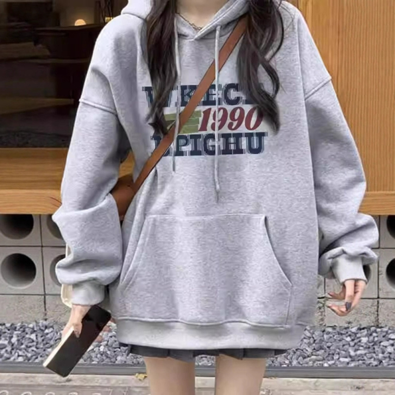 Hanorac damă cu glugă, model geometric, croială lejeră, lungime medie, poliester 95%+