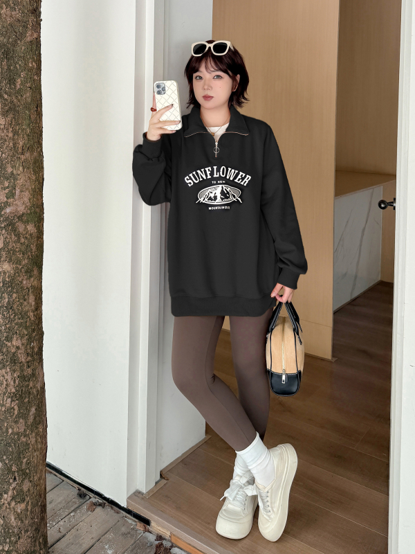 Džemperis su užtrauktuku ir stovinčiu kaklu — spaudinimas, kasdienis japonų-korejų stilius, medvilnės-poliesterio mišinys, ruduo 2025