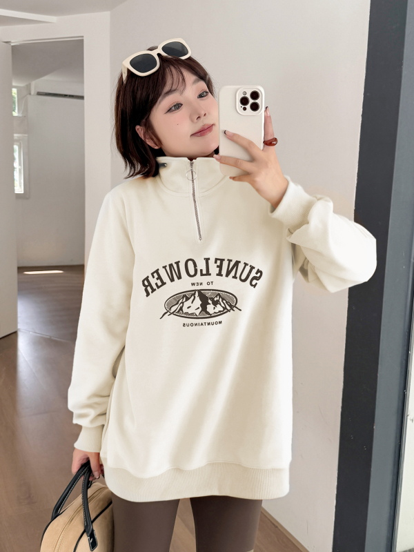 Džemperis su užtrauktuku ir stovinčiu kaklu — spaudinimas, kasdienis japonų-korejų stilius, medvilnės-poliesterio mišinys, ruduo 2025