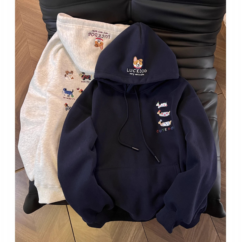 Ženska dukserica s kapuljom i vezom, slobodan kroj, srednja duljina, pamuk-poliester smjesa, debeli flis