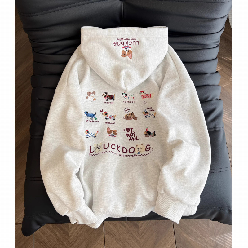 Ženska dukserica s kapuljom i vezom, slobodan kroj, srednja duljina, pamuk-poliester smjesa, debeli flis