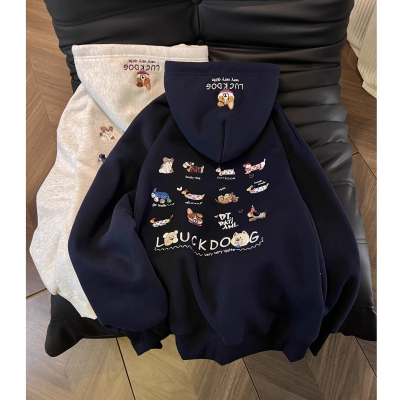 Ženska dukserica s kapuljom i vezom, slobodan kroj, srednja duljina, pamuk-poliester smjesa, debeli flis