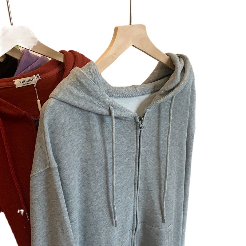 Ženski oversize kardigan-hoodie s kapuljom i zatvaračem na zip, jednobojni, dugi rukavi, za proljeće i jesen, poliester