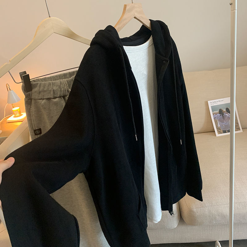 Ženski oversize kardigan-hoodie s kapuljom i zatvaračem na zip, jednobojni, dugi rukavi, za proljeće i jesen, poliester