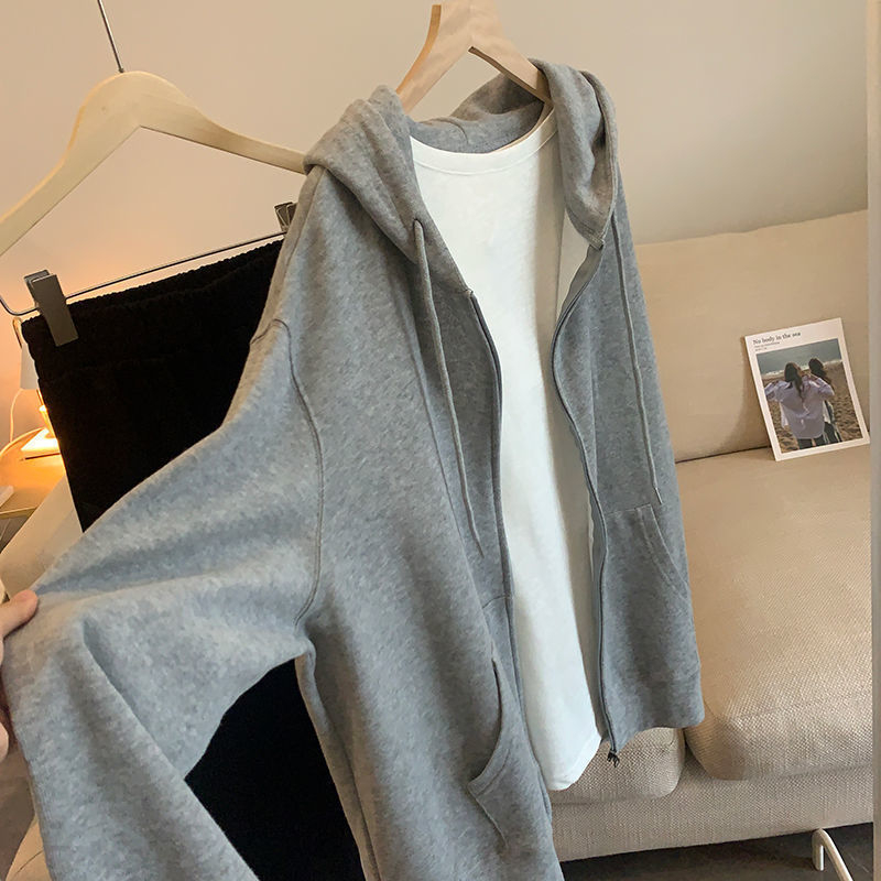 Ženski oversize kardigan-hoodie s kapuljom i zatvaračem na zip, jednobojni, dugi rukavi, za proljeće i jesen, poliester