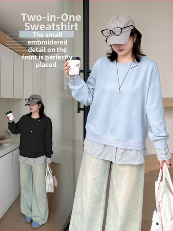 Moteriški patchworko dryžiniai megztiniai su fiktyviu dviejų dalių įvaizdžiu, apvalus kaklas, raidžių siuvinėjimas, ruduo 2025