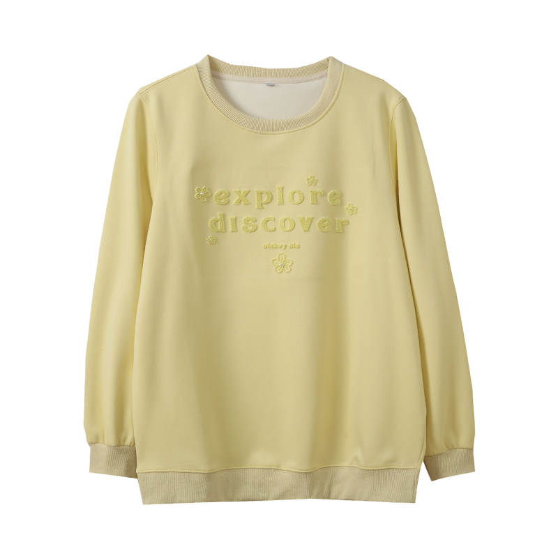 Moterų megztinis su gobtuvu ir apvaliu kaklu, ruduo 2025, siuvinėti tekstai, laisva kirpimo linija, vidutinio svorio medvilnės-poliesterio mišinys