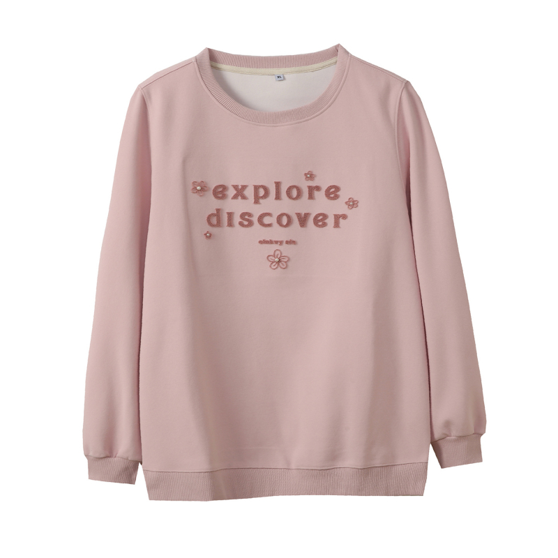 Moterų megztinis su gobtuvu ir apvaliu kaklu, ruduo 2025, siuvinėti tekstai, laisva kirpimo linija, vidutinio svorio medvilnės-poliesterio mišinys