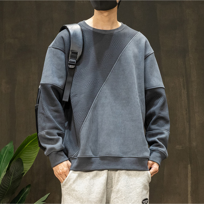 Muški fleece pulover s patchwork dizajnom, okrugli ovratnik, dugi rukavi, slobodan kroj, jesen 2024