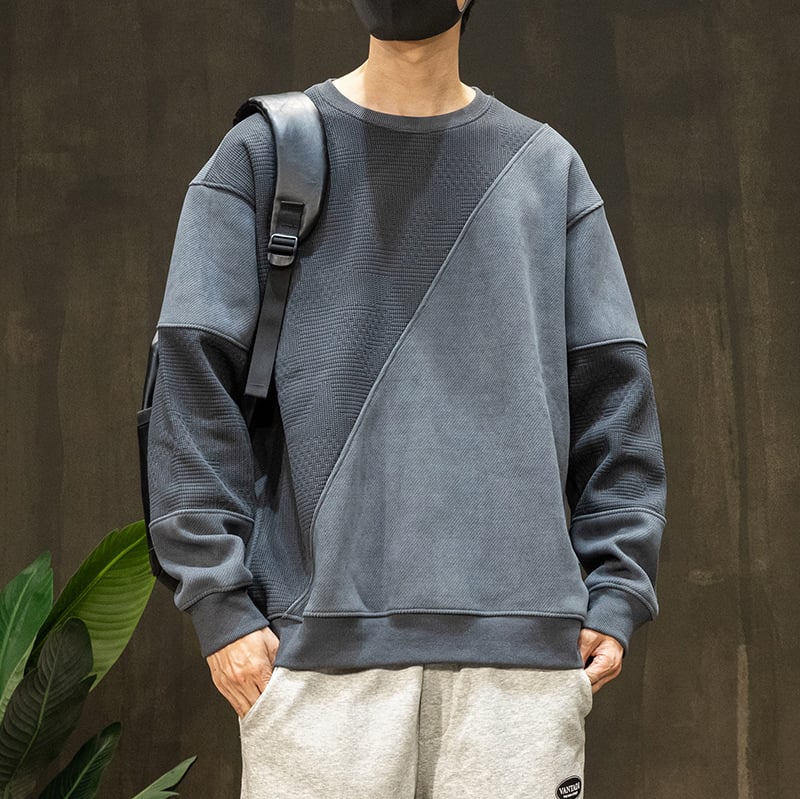 Muški fleece pulover s patchwork dizajnom, okrugli ovratnik, dugi rukavi, slobodan kroj, jesen 2024