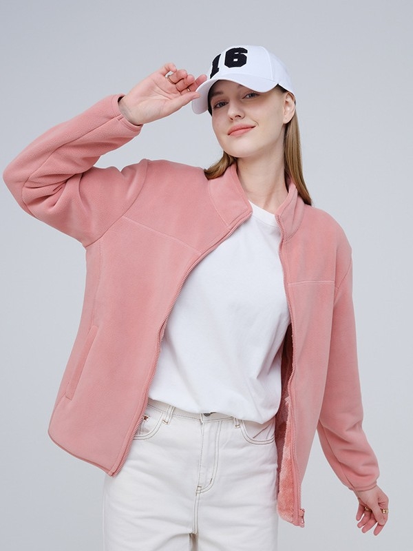 Fliso striukė unisex, su stovinčiu kaklu, išorė iš koralo fliso, vidinė polar fliso apdaila, palaiko šilumą