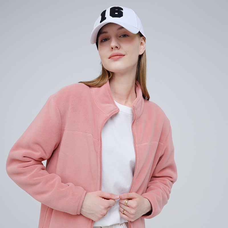 Fliso striukė unisex, su stovinčiu kaklu, išorė iš koralo fliso, vidinė polar fliso apdaila, palaiko šilumą