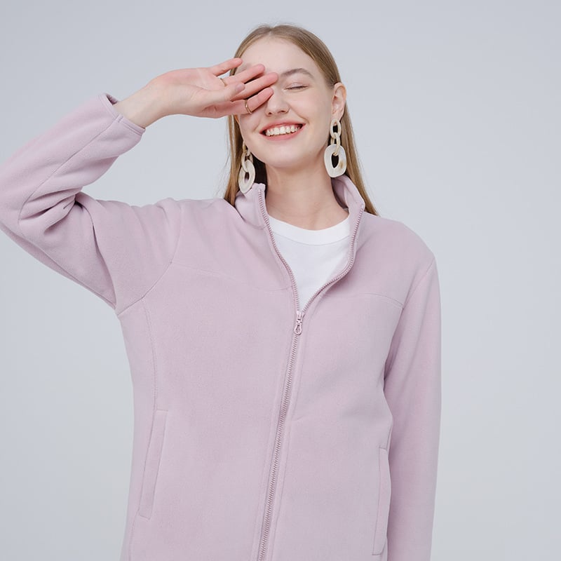 Fliso striukė unisex, su stovinčiu kaklu, išorė iš koralo fliso, vidinė polar fliso apdaila, palaiko šilumą