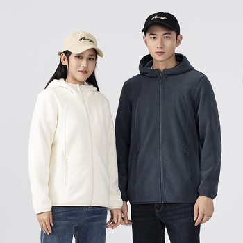 Fleece striukė su gobtuvu — fleece medžiaga, pamušalas iš fliso, unisex, kardigano stilius, vienos spalvos