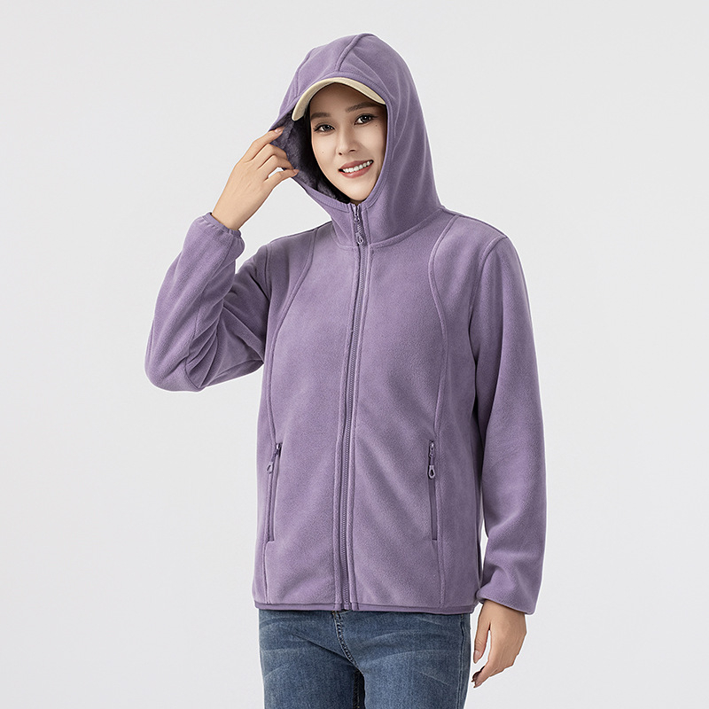 Fleece striukė su gobtuvu — fleece medžiaga, pamušalas iš fliso, unisex, kardigano stilius, vienos spalvos