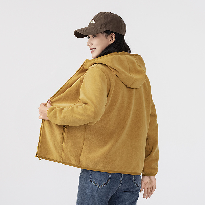 Fleece striukė su gobtuvu — fleece medžiaga, pamušalas iš fliso, unisex, kardigano stilius, vienos spalvos