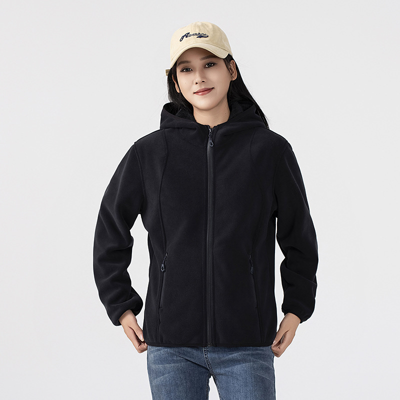 Fleece striukė su gobtuvu — fleece medžiaga, pamušalas iš fliso, unisex, kardigano stilius, vienos spalvos