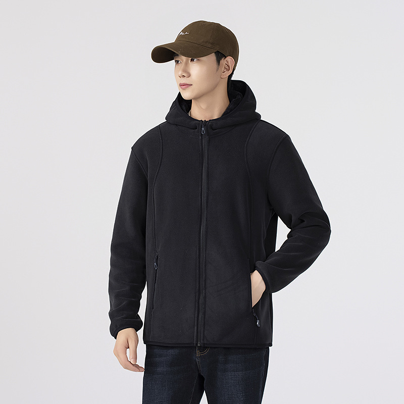 Fleece striukė su gobtuvu — fleece medžiaga, pamušalas iš fliso, unisex, kardigano stilius, vienos spalvos