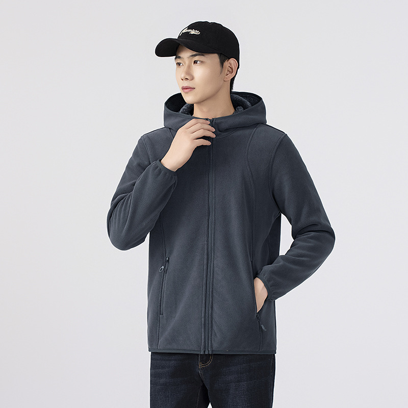 Fleece striukė su gobtuvu — fleece medžiaga, pamušalas iš fliso, unisex, kardigano stilius, vienos spalvos