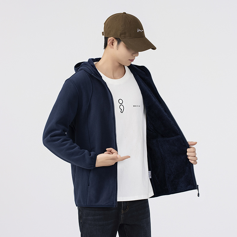 Fleece striukė su gobtuvu — fleece medžiaga, pamušalas iš fliso, unisex, kardigano stilius, vienos spalvos