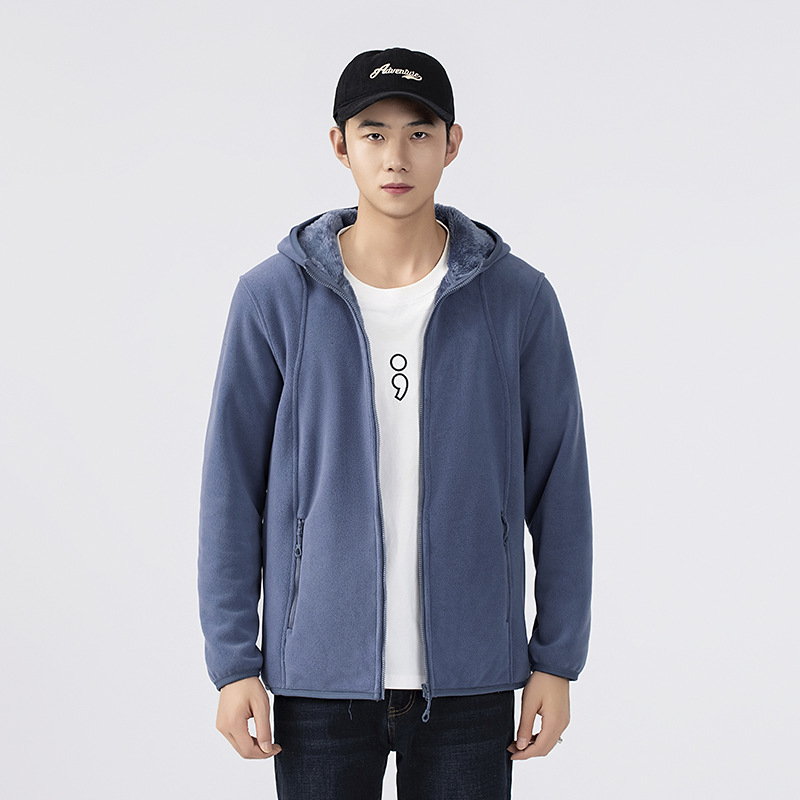 Fleece striukė su gobtuvu — fleece medžiaga, pamušalas iš fliso, unisex, kardigano stilius, vienos spalvos