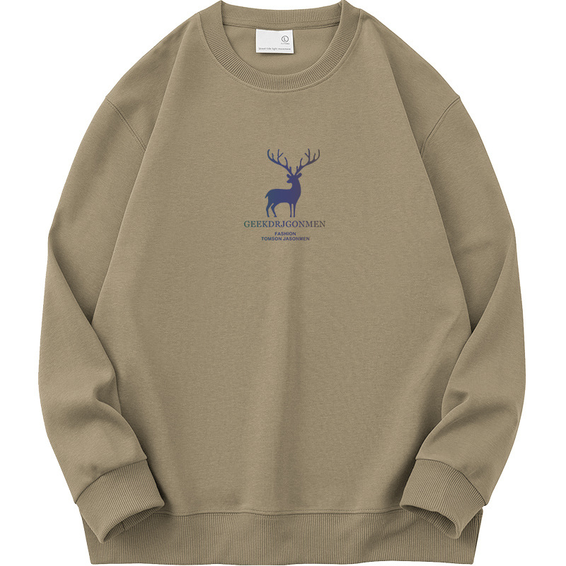 Vyrų Elk atspaudo fliso džemperis su ilgomis rankovėmis, apvaliu kaklu, laisvas kirpimas