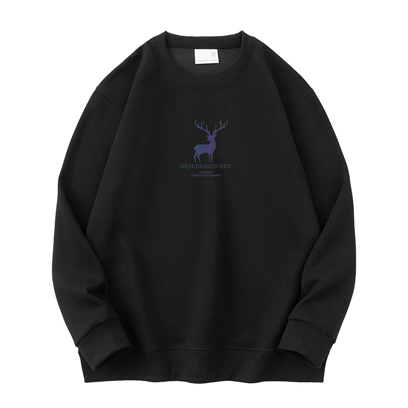 Vyrų Elk atspaudo fliso džemperis su ilgomis rankovėmis, apvaliu kaklu, laisvas kirpimas