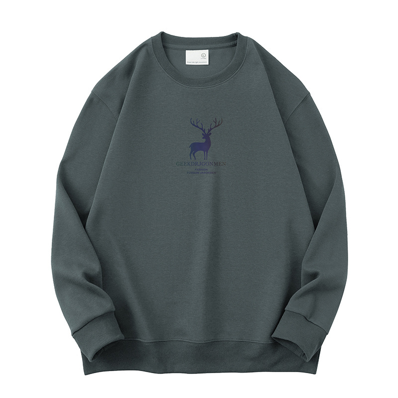 Vyrų Elk atspaudo fliso džemperis su ilgomis rankovėmis, apvaliu kaklu, laisvas kirpimas