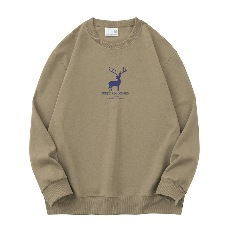 Vyrų Elk atspaudo fliso džemperis su ilgomis rankovėmis, apvaliu kaklu, laisvas kirpimas